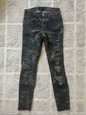 Cello Olive Green Camo Distressed Skinny Jeans